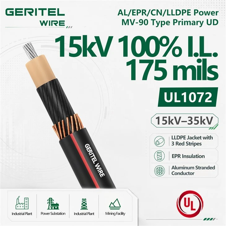 15kV Aluminum EPR CN LLDPE MV-90 Primary UD Cable 100% I.L. 175 Mils
