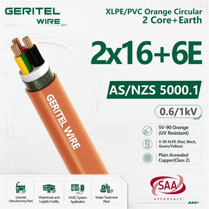 16mm² 2 Core And 6mm² Earth XLPE PVC Power Cable For Industrial Distribution