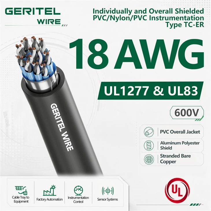 18 AWG Individually And Overall Shielded PVC/Nylon/PVC 600V Instrumentation Type TC-ER Cable