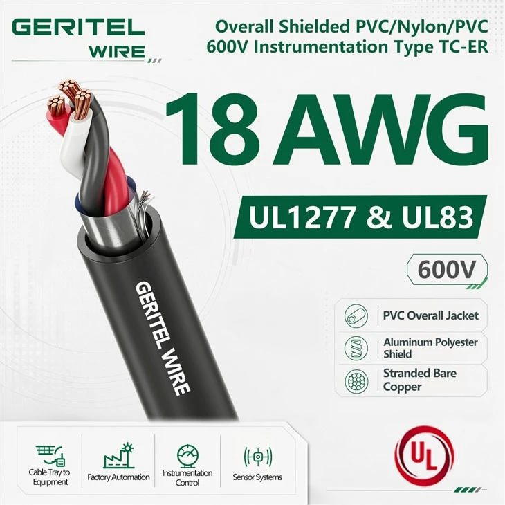 18 AWG Overall Shielded PVC/Nylon/PVC 600V Instrumentation Type TC-ER Cable
