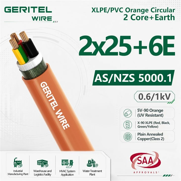 2 X 25mm² + 1 X 6mm² Earth Heavy Duty 2C+E Orange Circular Cable