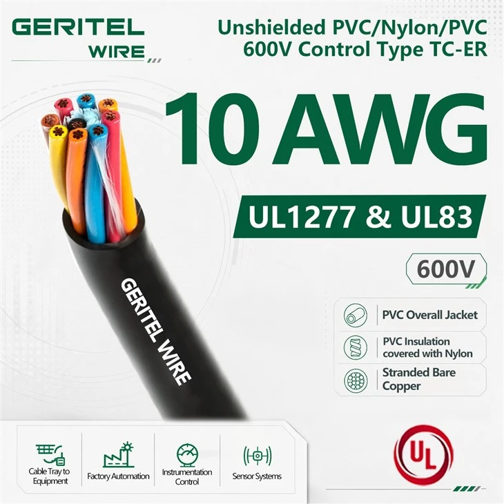10 AWG Industrial TC-ER Control Cable PVC Nylon PVC 600V Unshielded