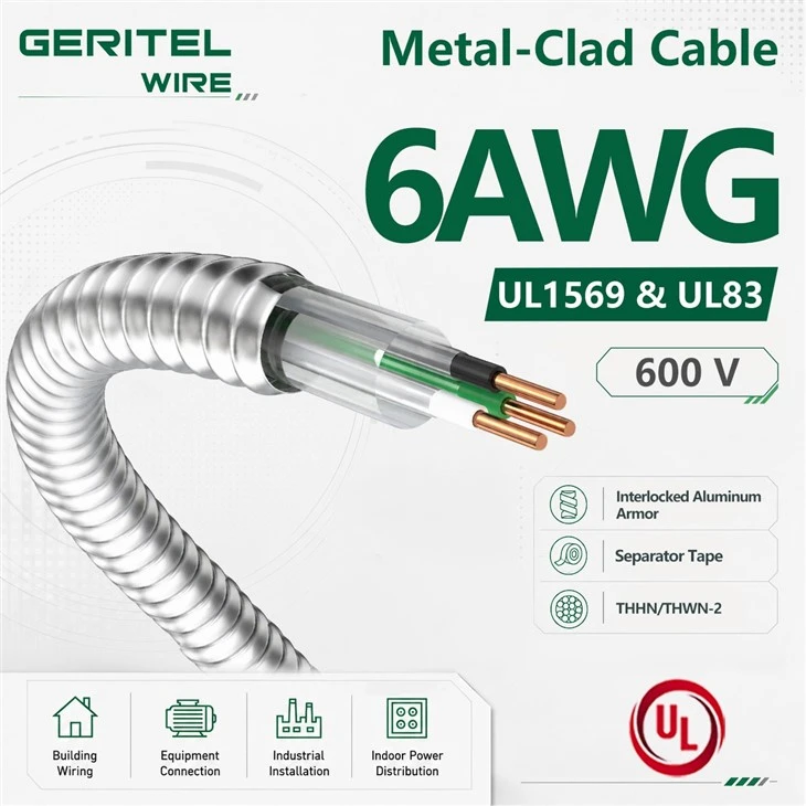 6/3 UL Listed MC Cable With Ground, THHN/THWN-2 Armored Building Cable For Commercial Store Renovation Wiring