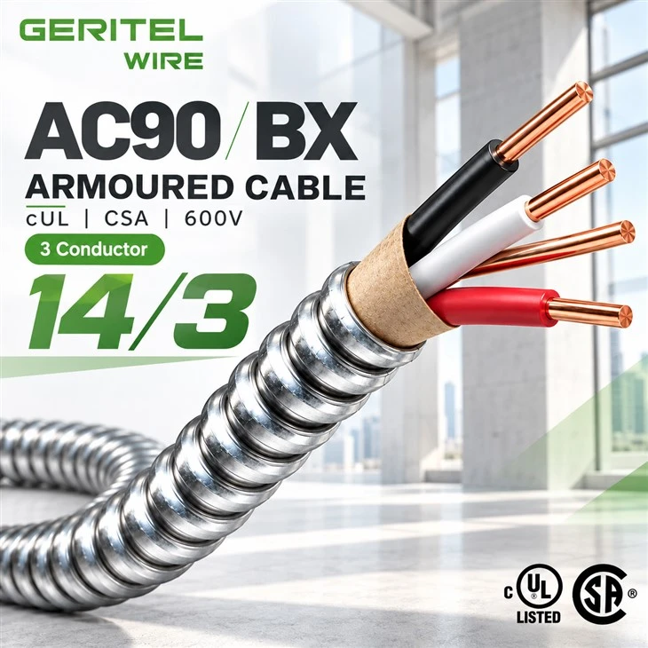 600V 14/3 AC90 Copper Armoured Cable CUL CSA For Building Wiring