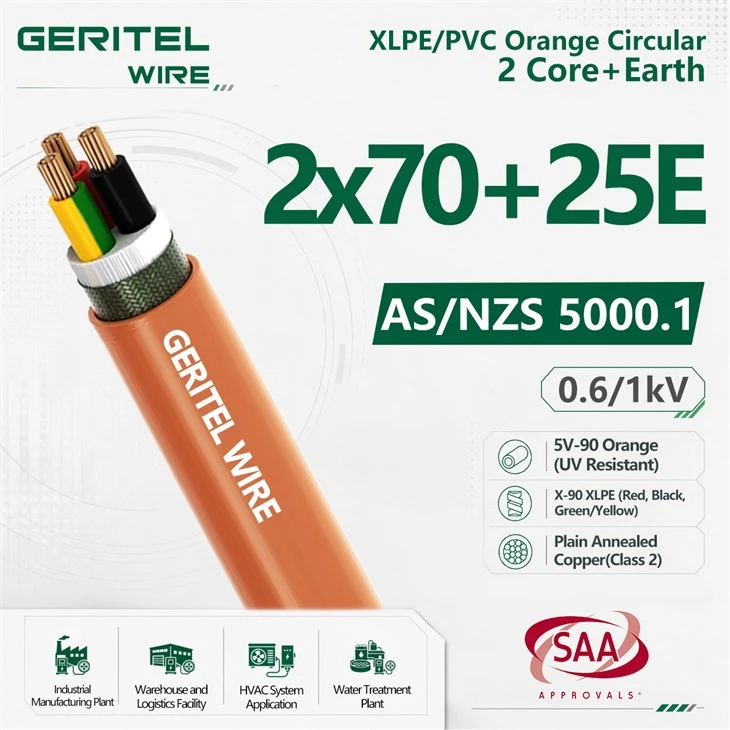 70mm² 2 Core And 25mm² Earth Australian Orange Circular XLPE Cable For Mains Supply