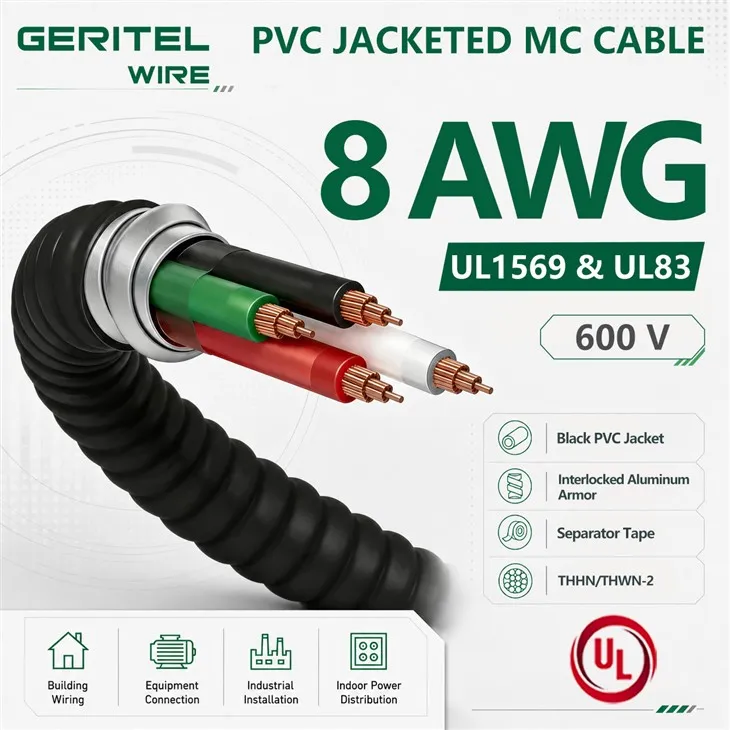 8 AWG MC Cable Power Distribution Armored Cable With THHN Copper Conductor