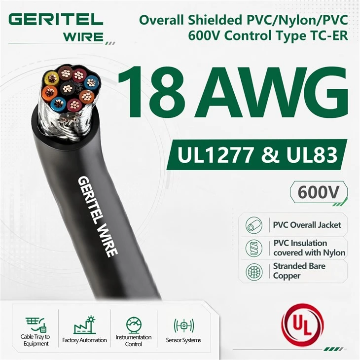 18 AWG PVC Nylon PVC Overall Shielded TC-ER Control Cable 600V