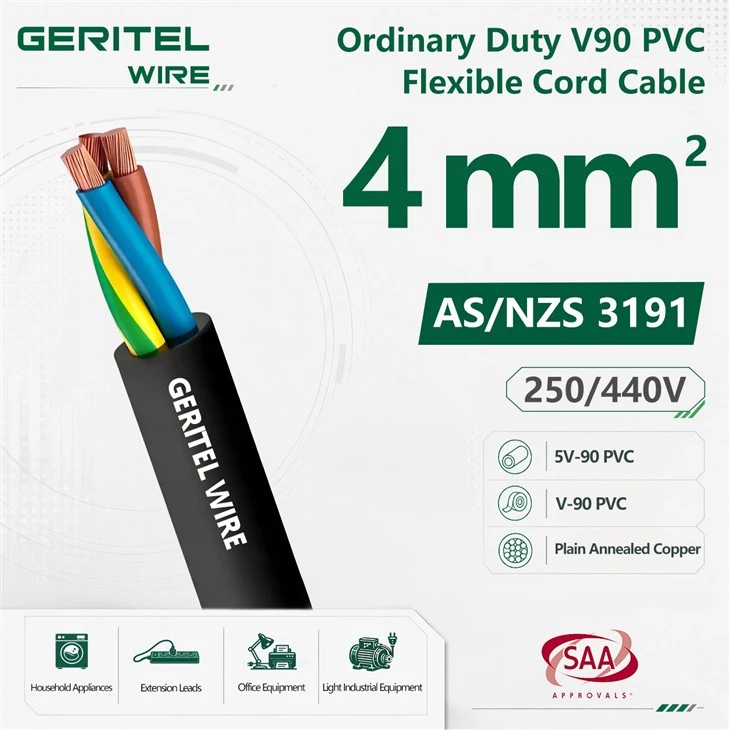 AS/NZS 3191 4mm2 Flexible Cord V90 PVC Multicore Cable 250/440V