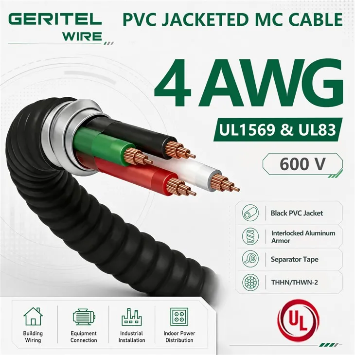 4 AWG UL1569 MC Cable THHN THWN-2 PVC Jacket