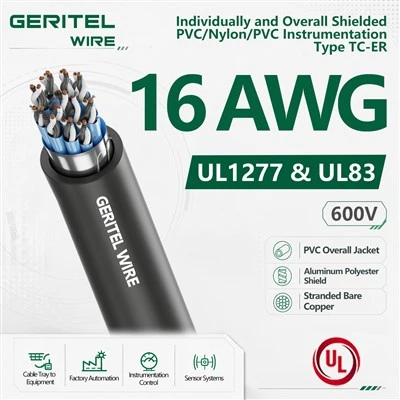 16 AWG Individually And Overall Shielded PVC/Nylon/PVC 600V Instrumentation Type TC-ER Cable